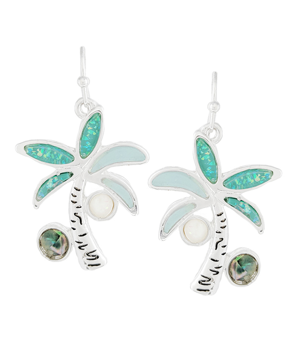 Tropical theme opal and abalone mix earring - palm tree