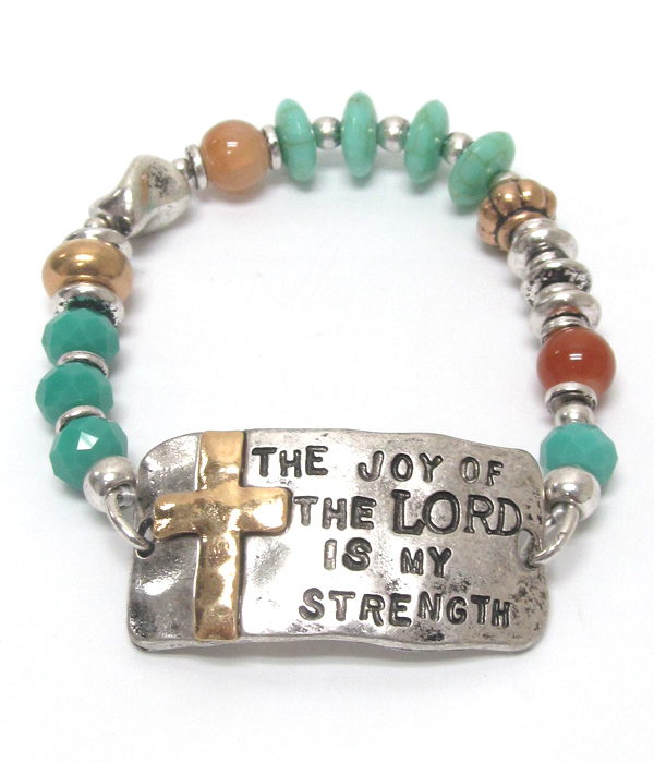 BIBLE MESSAGE MULTI BEADS AND STONES STRETCH BRACELET - THE JOY OF THE LORD IS MY STRENGTH