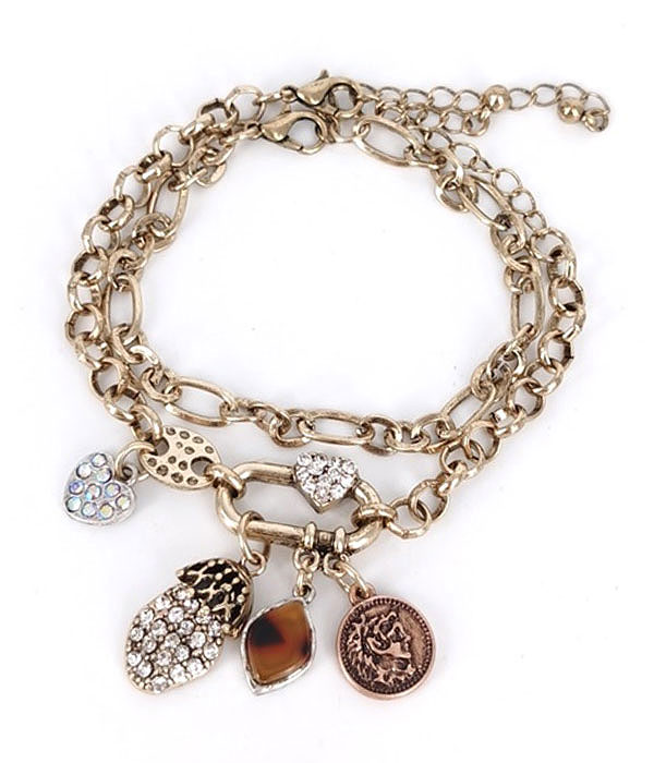 Vintage double chain charm bracelet - coin heart