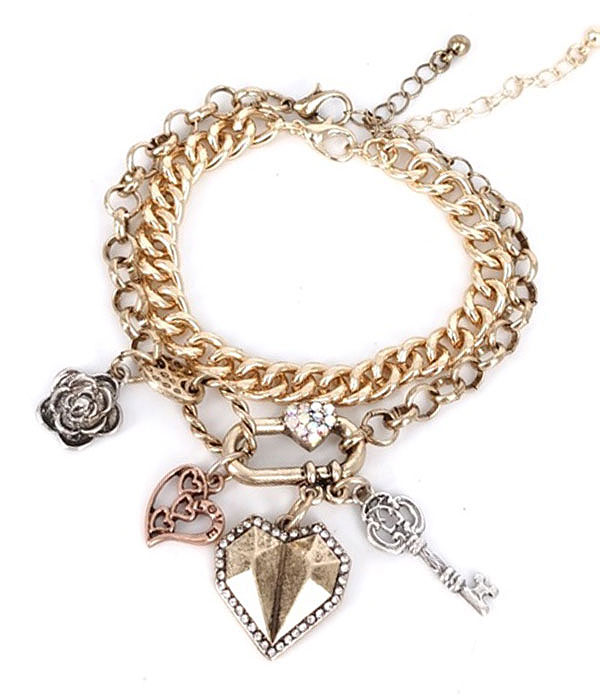 Vintage double chain charm bracelet - key heart flower