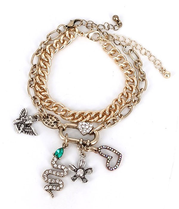 Vintage double chain charm bracelet - snake heart flower