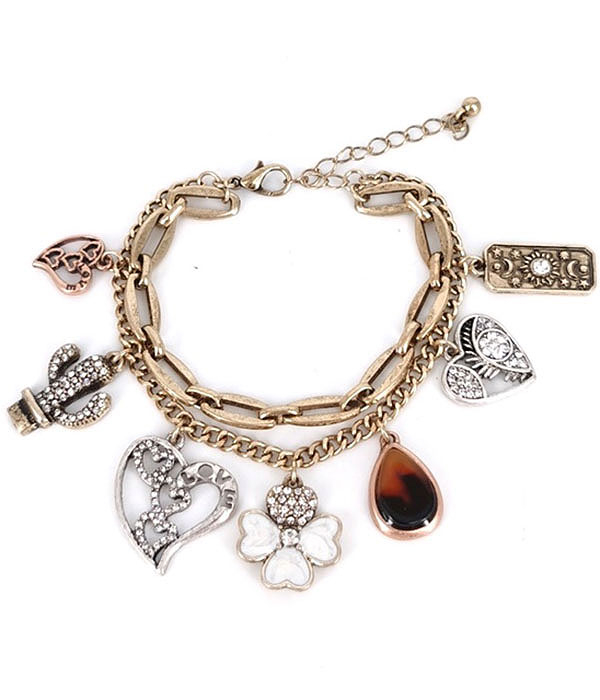 Vintage double chain charm bracelet - heart cactus flower