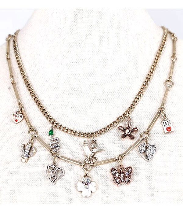 Vintage double layer chain and multi charm necklace - heart snake bird