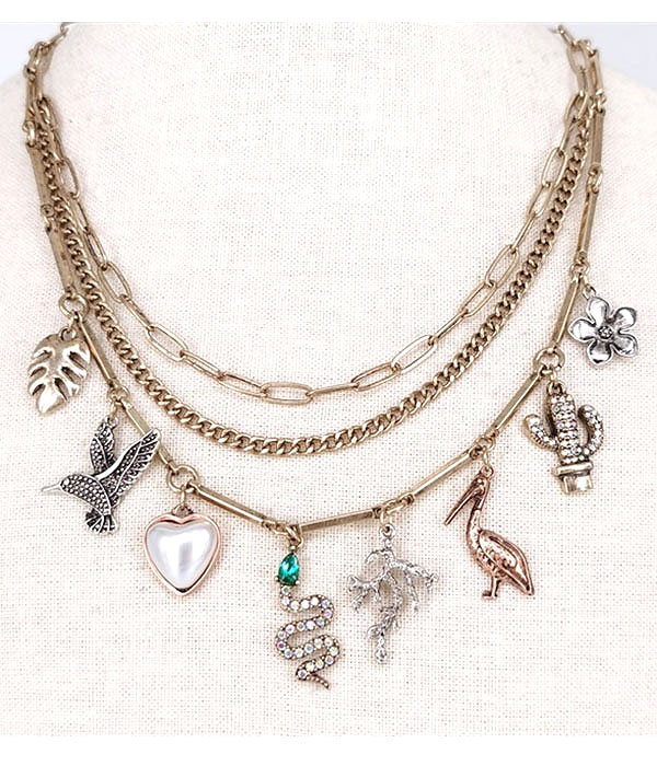 Vintage triple layer chain and multi charm necklace - heart snake bird cactus