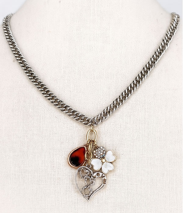 Heart and flower charm pendant necklace
