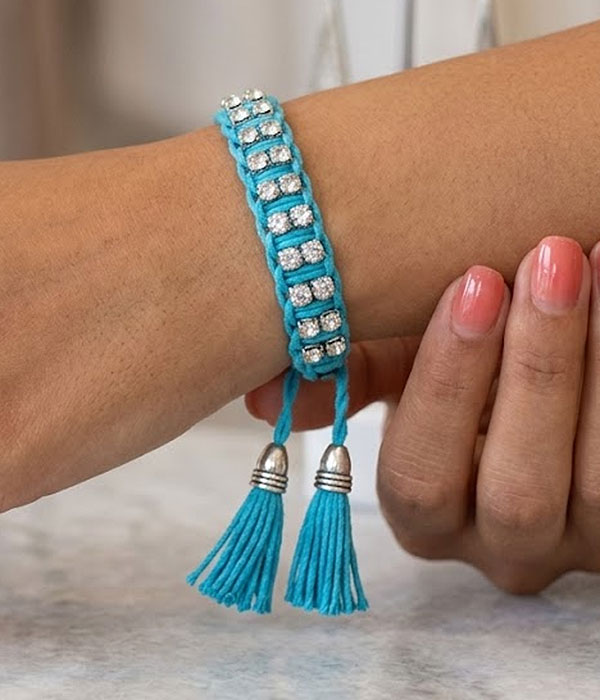 Two crystal line patern and braided cord stretch bracelet