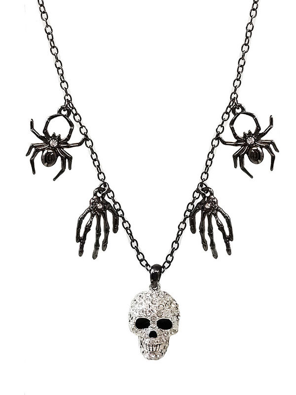 Halloween theme multi charm necklace - spider skull