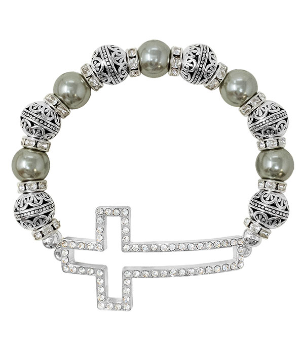 Cross and multi ball bead stretch bracelet