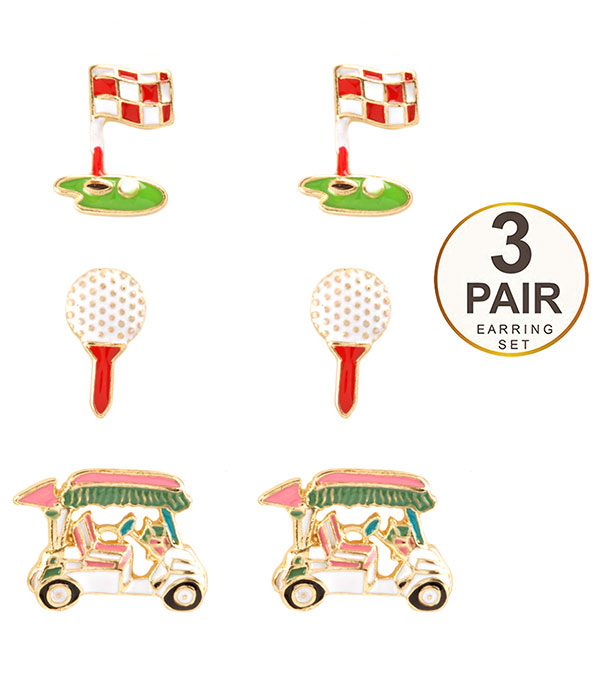 Sport theme epoxy 3 pair earring set - golf