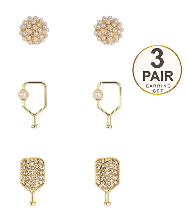 Sport theme epoxy 3 pair earring set - pickle ball