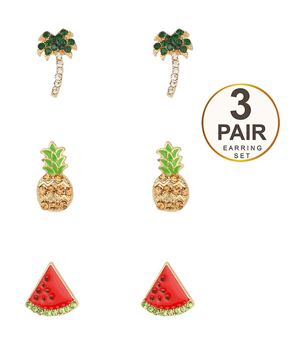 Epoxy 3 pair earring set - pineapple water melon