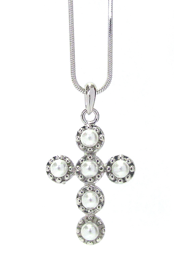 Made in korea whitegold plating crystal pearl cross pendant necklace