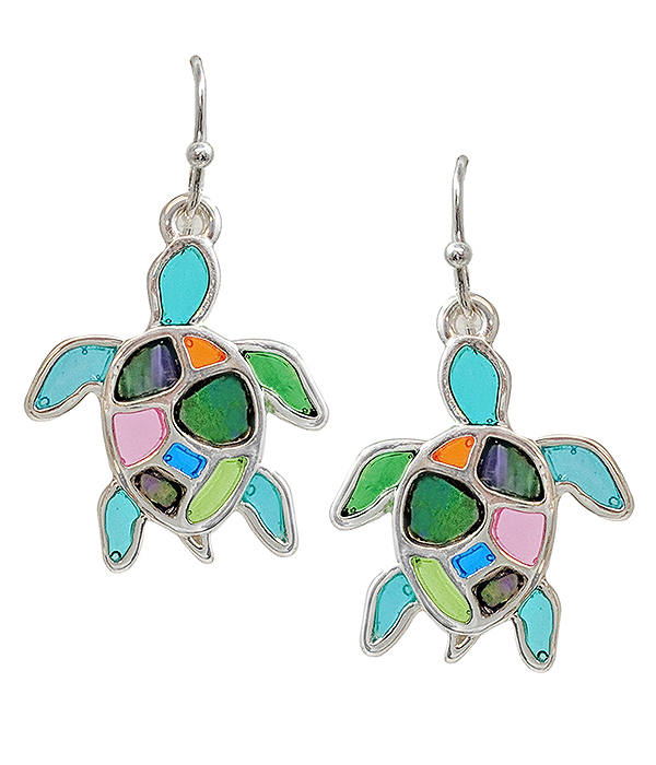 Sealife theme stained glass window inspired mosaic earring - turtle