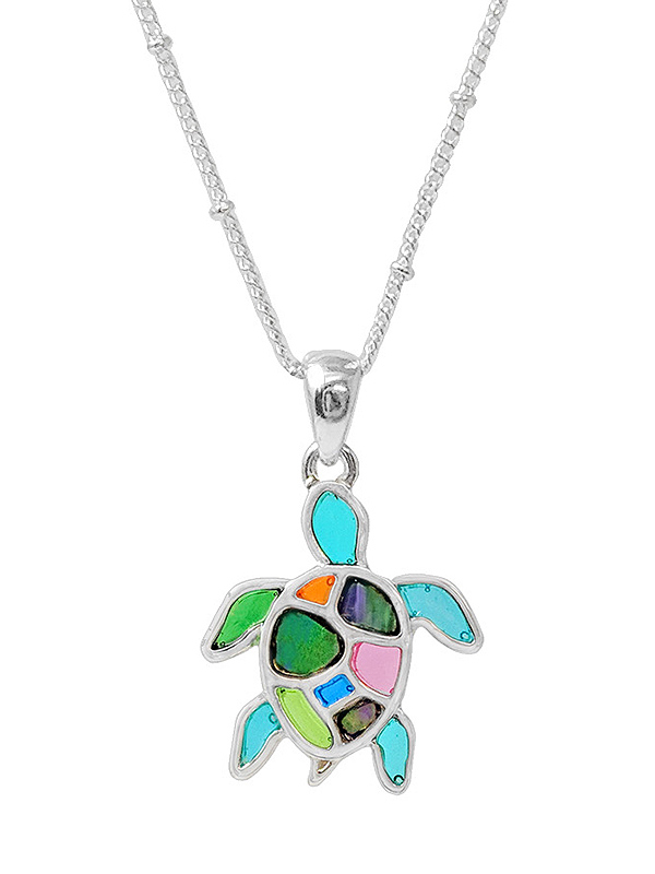 Sealife theme stained glass window inspired mosaic pendant necklace - turtle
