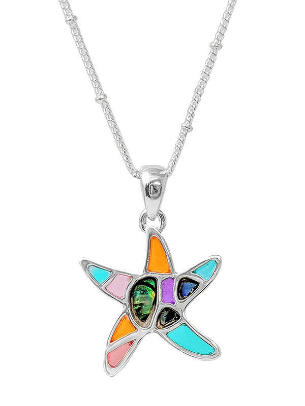 Sealife theme stained glass window inspired mosaic pendant necklace - starfish