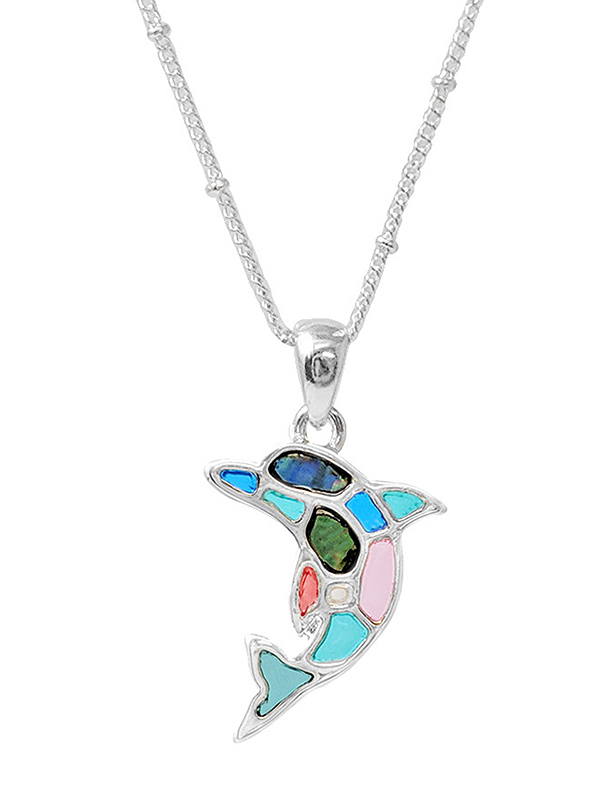 Sealife theme stained glass window inspired mosaic pendant necklace - dolphin