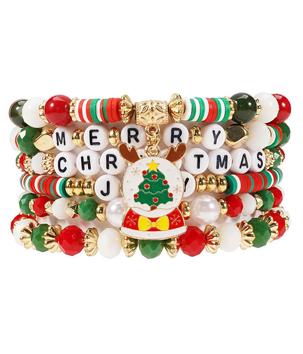 Christmas theme multi clay bead mix 6 stretch bracelet set - tree