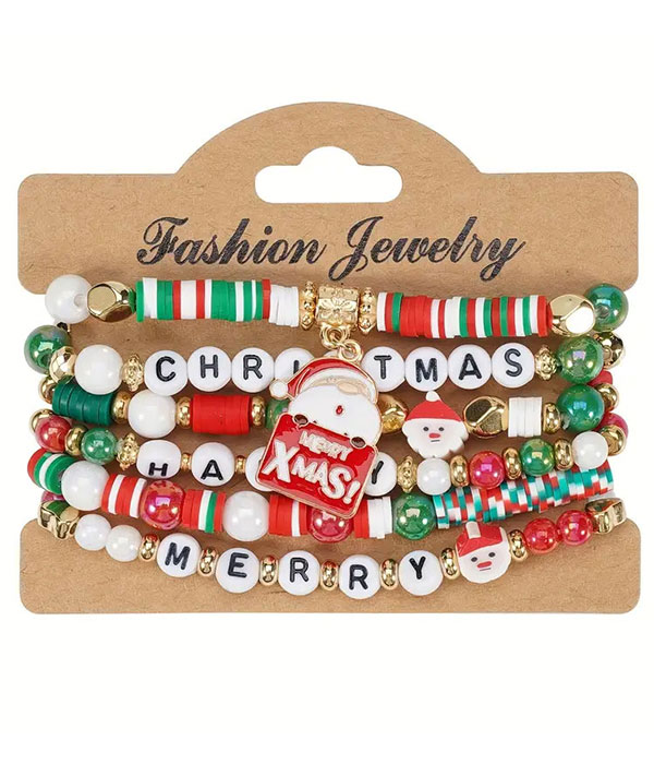 Christmas theme multi clay bead mix 6 stretch bracelet set - santa