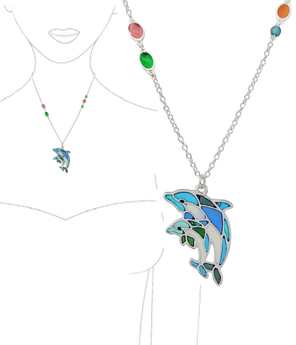 Sealife theme stained glass window inspired mosaic pendant necklace - dolphin