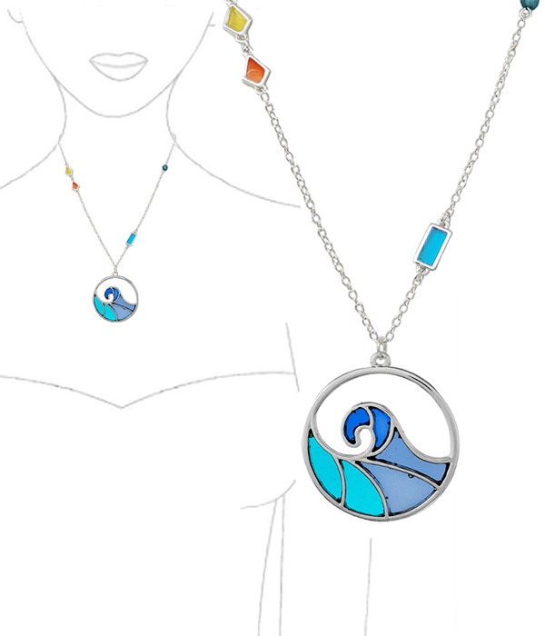 Sealife theme stained glass window inspired mosaic pendant necklace - wave