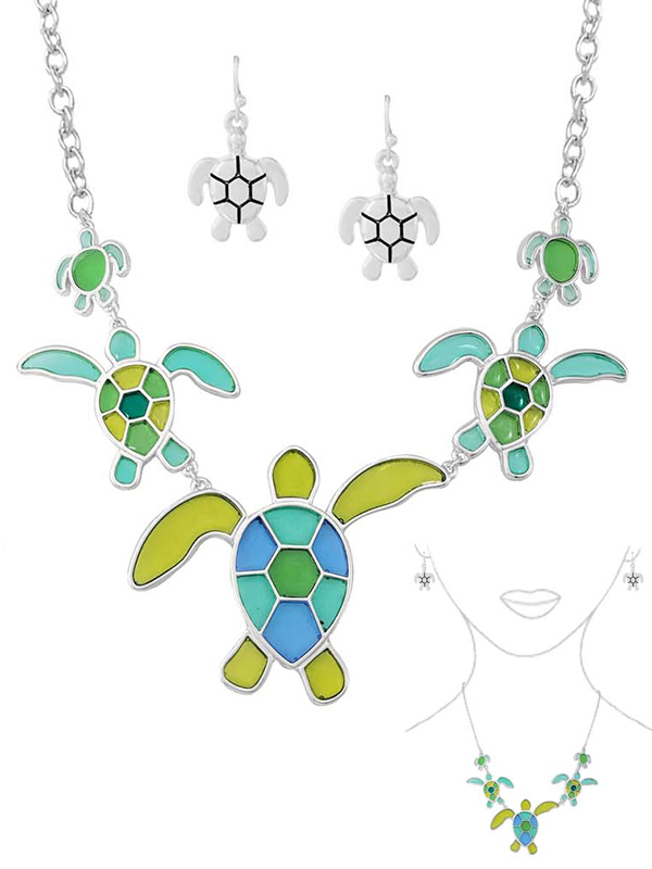 Sealife theme stained glass window inspired mosaic pendant necklace set - turtle