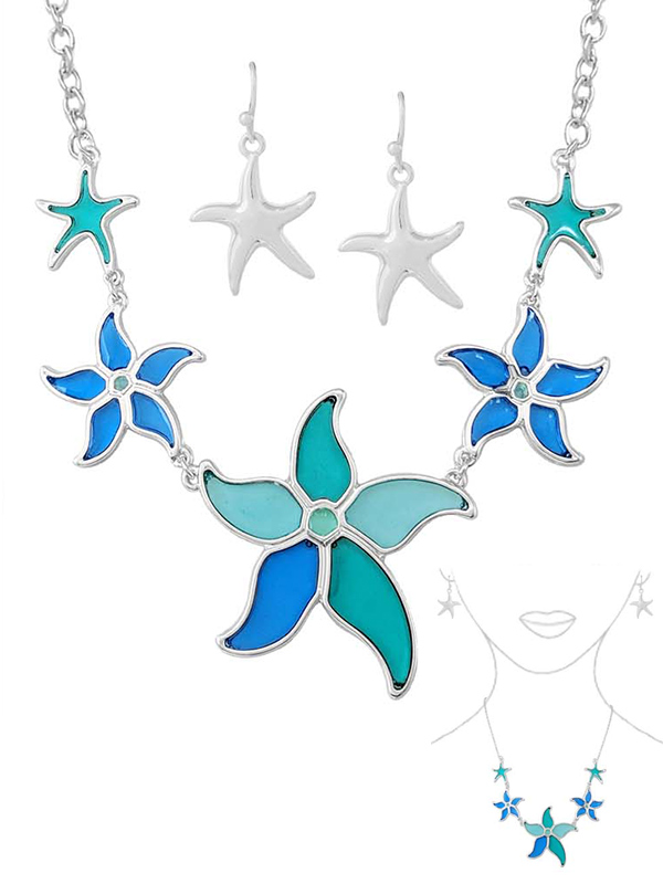 Sealife theme stained glass window inspired mosaic pendant necklace set - starfish