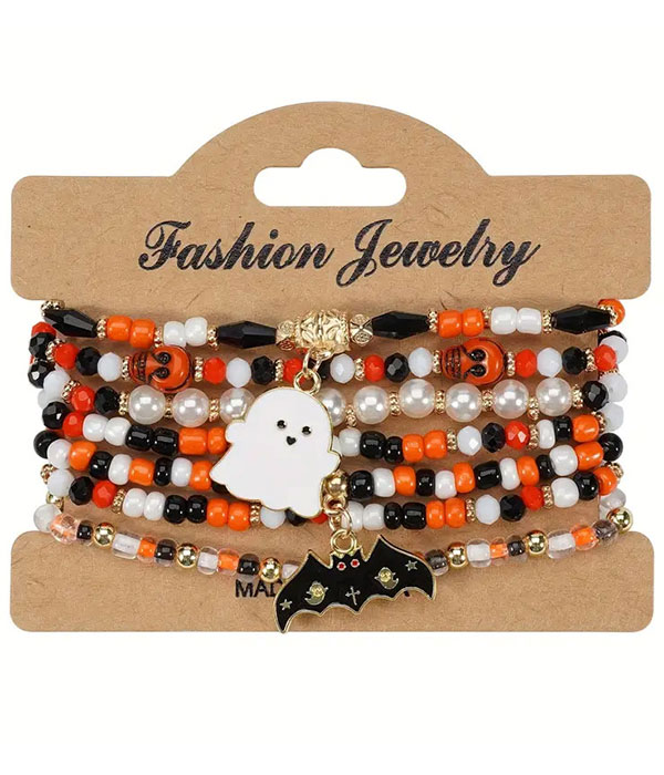 Halloween theme multi layer stretch bracelet set - ghost bat