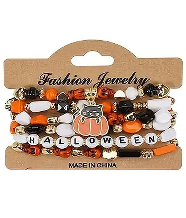 Halloween theme multi layer stretch bracelet set - cat pumpkin