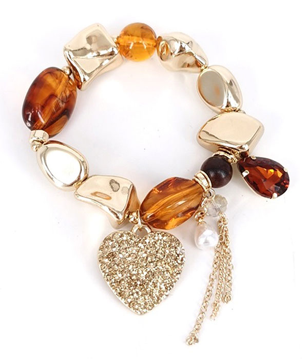 Heart charm and mix bead stretch bracelet