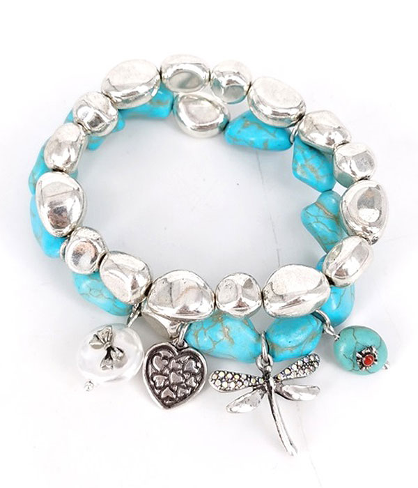 Dragonfly charm and mix bead double stretch bracelet