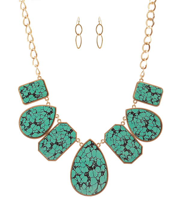 Marble print multi wood teardrop link necklace set