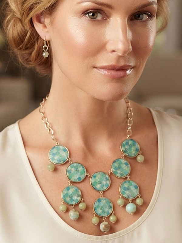 Moroccan print multi wood disc bubble statement necklace