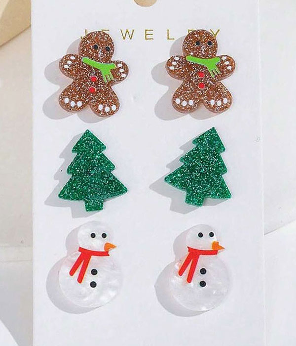 Christmas theme acrylic 3 pair earring set - ginger bread snowman