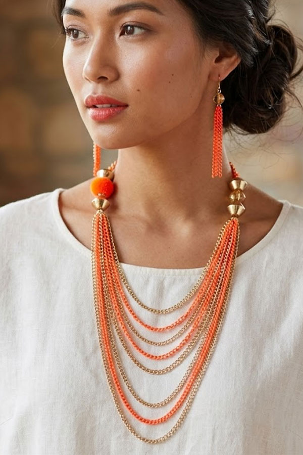 Multi ring metal and crystal glass drop long colorful fashion multi chain necklace earring set