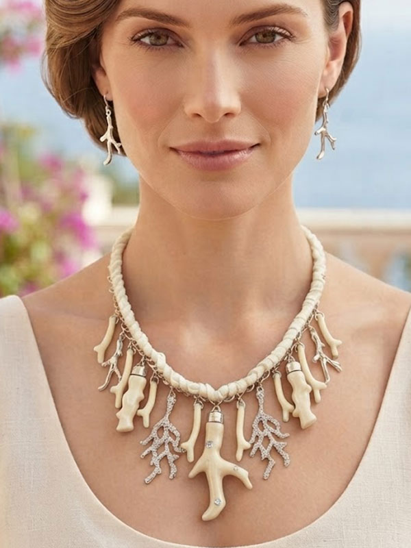Multi coral charm drop chunky statement necklace set