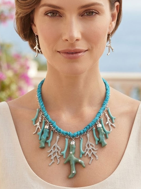 Multi coral charm drop chunky statement necklace set