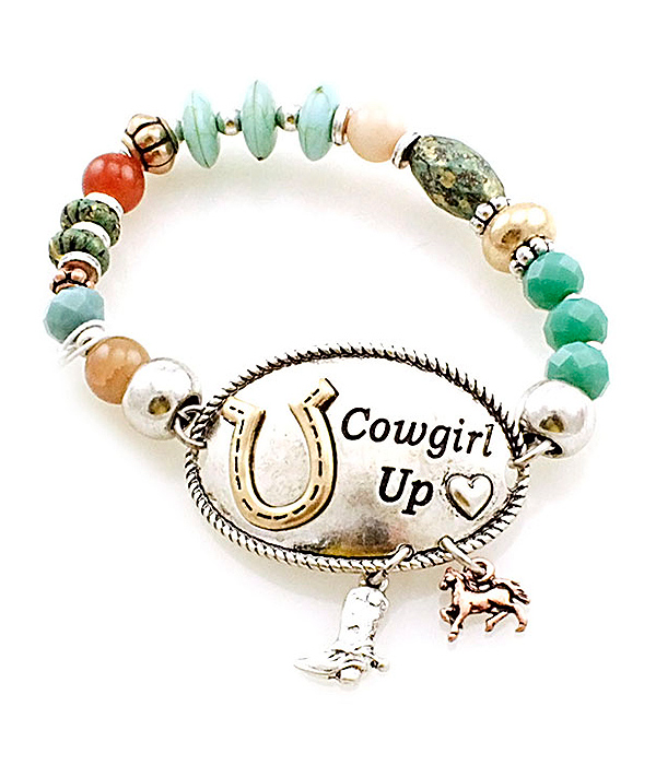 Western style multi stone bead mix stretch bracelet - cowgirl up