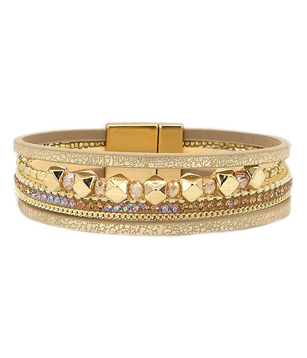CRYSTAL AND METAL BEAD MIX MULTI LAYER LEATERETTE MAGNETIC BRACELET