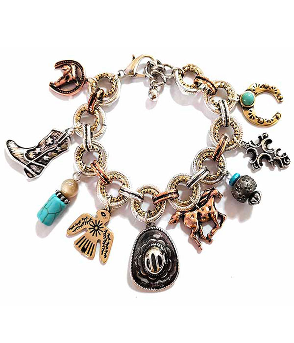 Western theme multi charm bracelet - horse boot
