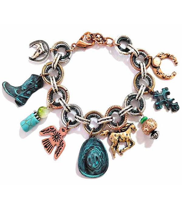 Western theme multi charm bracelet - horse boot