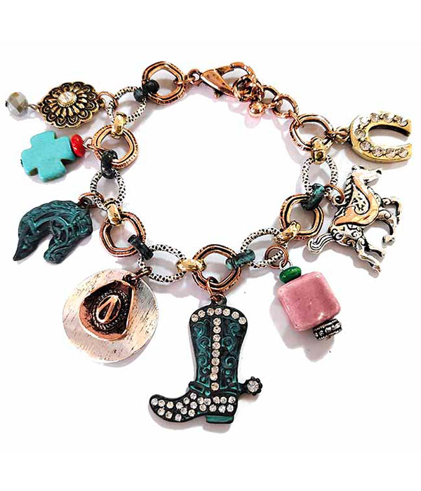 Western theme multi charm bracelet - horse boot