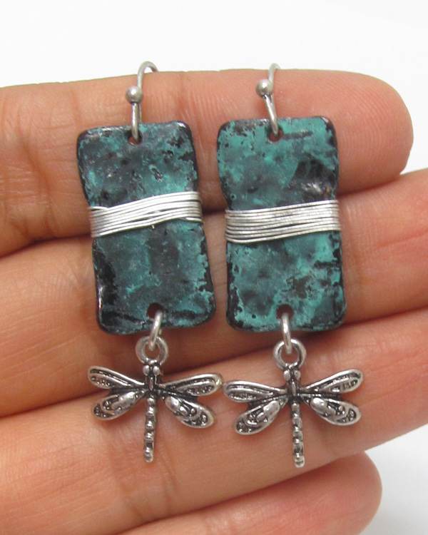 Patina plate and dragonfly drop earring