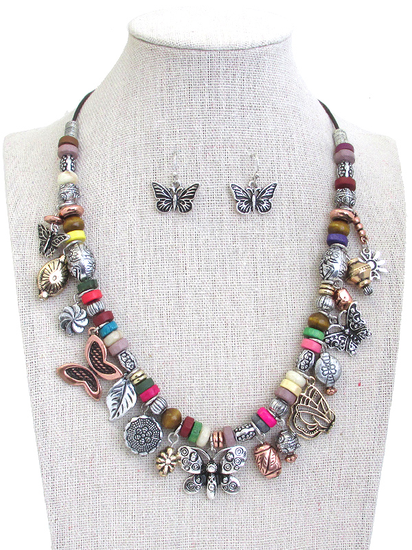 GARDEN THEME MULTI CHARM DANGLE AND MIX BEAD CHAIN NECKLACE SET - BUTTERFLY