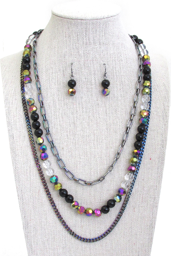 MULTI FACET STONE AND CHAIN MIX 3 LAYER NECKLACE SET