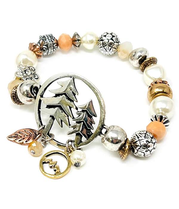TREE THEME PENDANT AND MULTI BEAD MIX STRETCH BRACELET