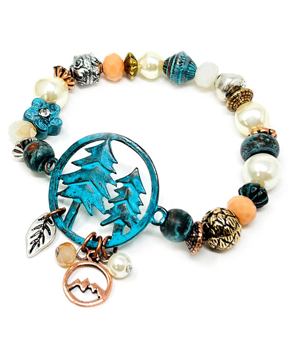 Tree theme pendant and multi bead mix stretch bracelet