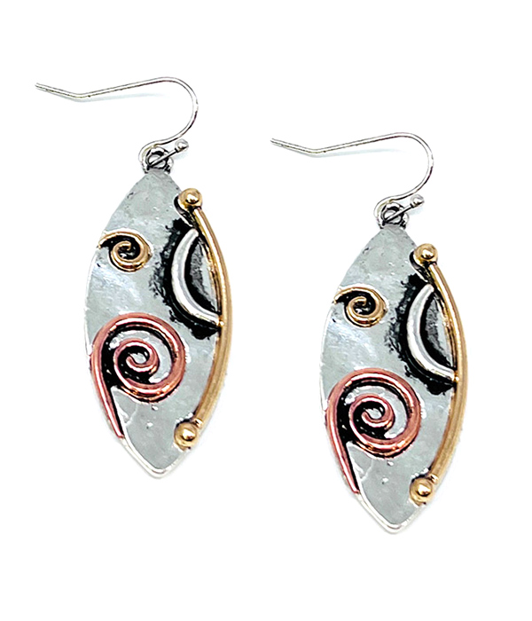 Vintage brutalist spiral metal art marquis disc earring