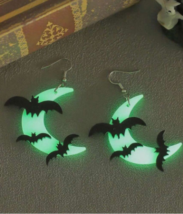 Halloween theme moon and bat acrylic earring - glow in dark