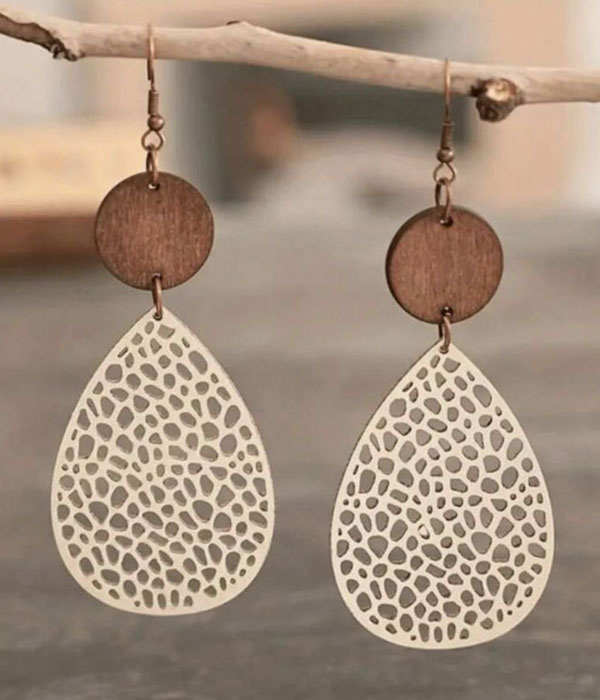 Laser cut teardrop wood earring