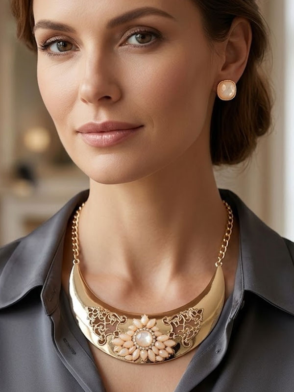 Crystal center metal half statement choker necklace set